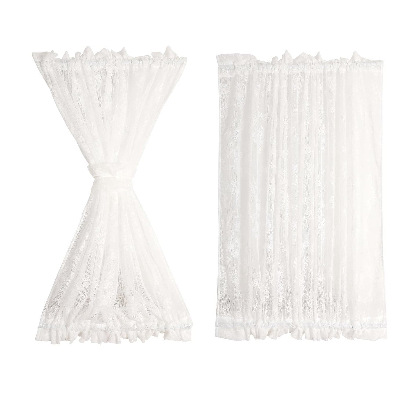 RLoncomix Rod Pocket Lace Sheer Door Curtain French White Mesh Light Filtering Airy Floral Semi Voile Curtain for Kitchen Cafe Bedroom Living Room with Tieback 2 Panels 72 Inches