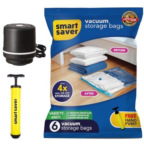 Smart Saver Plastic Vacuum Compression Bags|Vacuum Storage Bags|Vacuum Bags For Travel|Space Saver Vacuum Bags(6Variety(2 Jumbo,2Large,2Medium)+Electric Pump),White