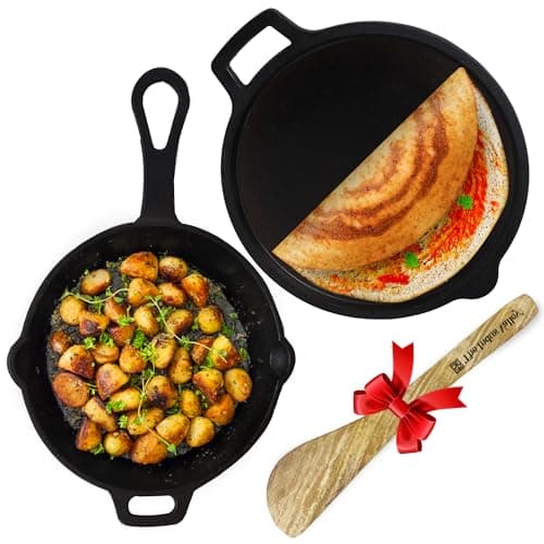 The Indus Valley Pre-Seasoned Cast Iron Cookware Set + Free Wooden Spatula | Tawa (27.5 Cm) + Skillet (24.6 Cm) | Kitchen Cooking Combo Pots and Pans Set of 3Pcs | Naturally Nonstick, Black