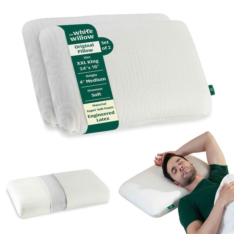 The White Willow Set of 2 | Engineered Latex Soft Support for Neck & Shoulder Pain | Orthopedic Cervical Design for Back, Side & Stomach Sleepers | Soft XXL King Size 4" Height – Classic White