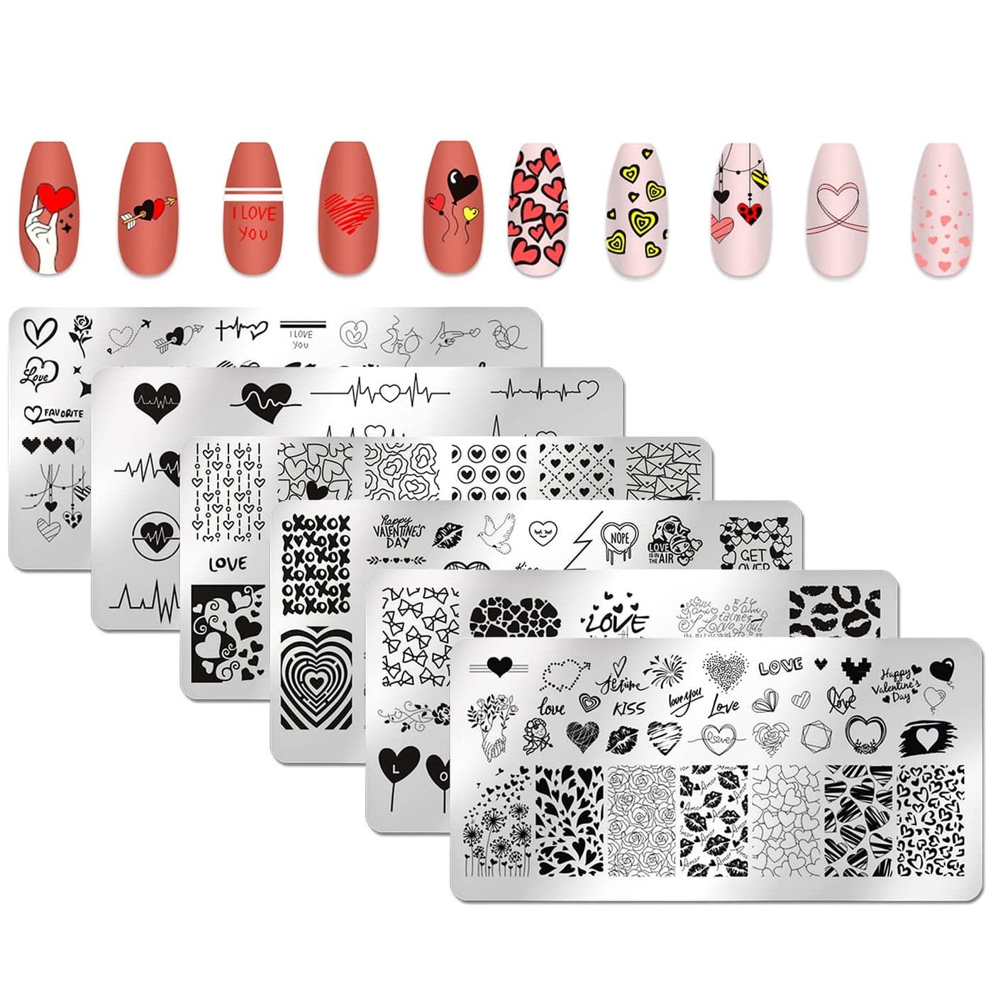 6pcs Valentines Day Love Heart Nail Stamping Plate Nail Stamping Kit for Nails Love Heart Image Plates Nail Stamping Plate for Women Holiday Nail Art