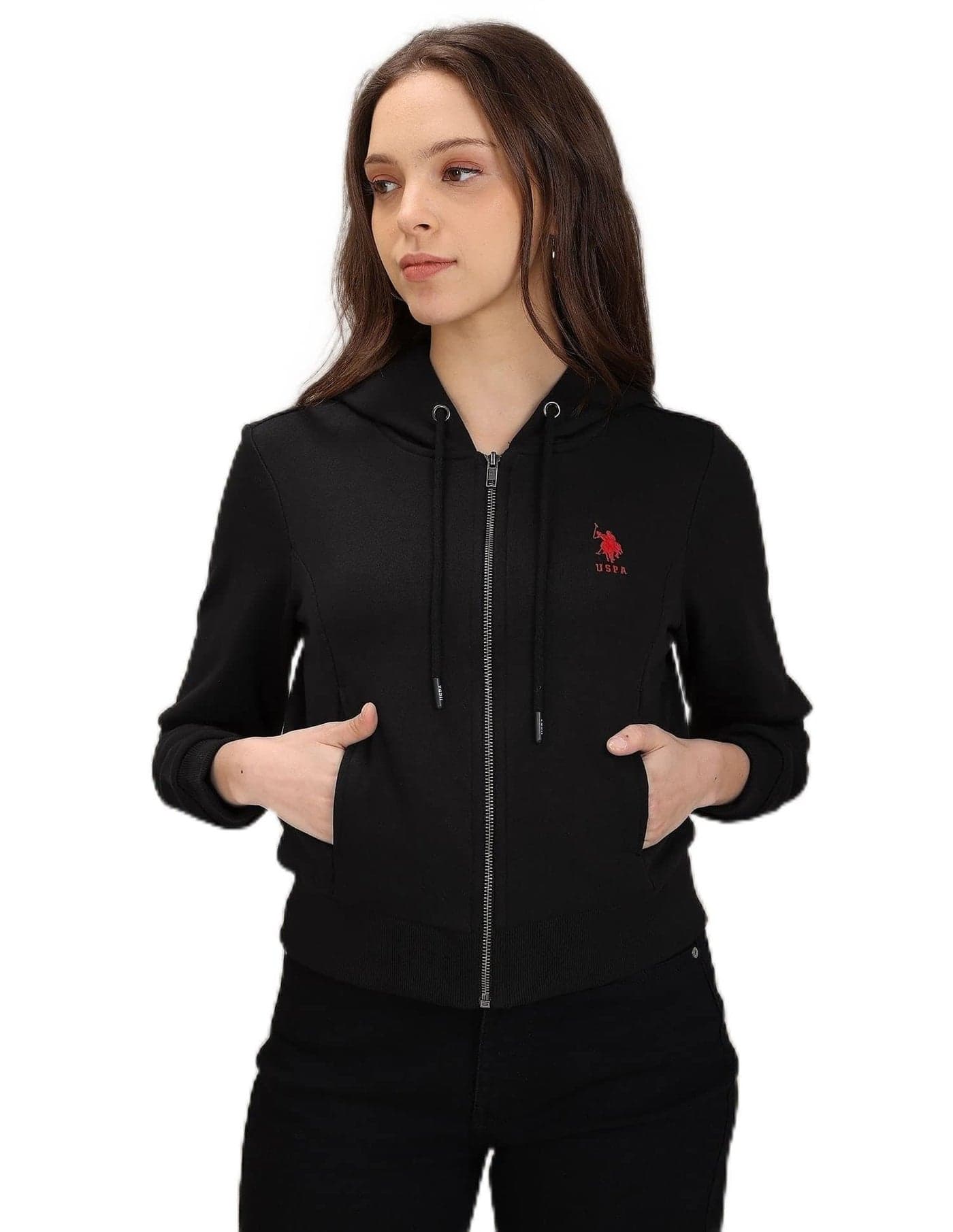 U.S. Polo ASSN. Black Full Zip Placket Solid Sweatshirt