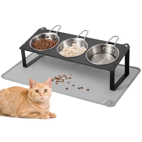 Elevated Cat Bowls with Food Mat 10Tilted NonSlip Raised Cat Food Water Bowls Set 3 Thick Stainless Steel Pets Dishes with Handles to Indoor Kitten Puppy AntiVomiting Cute Metal Feeding Stand