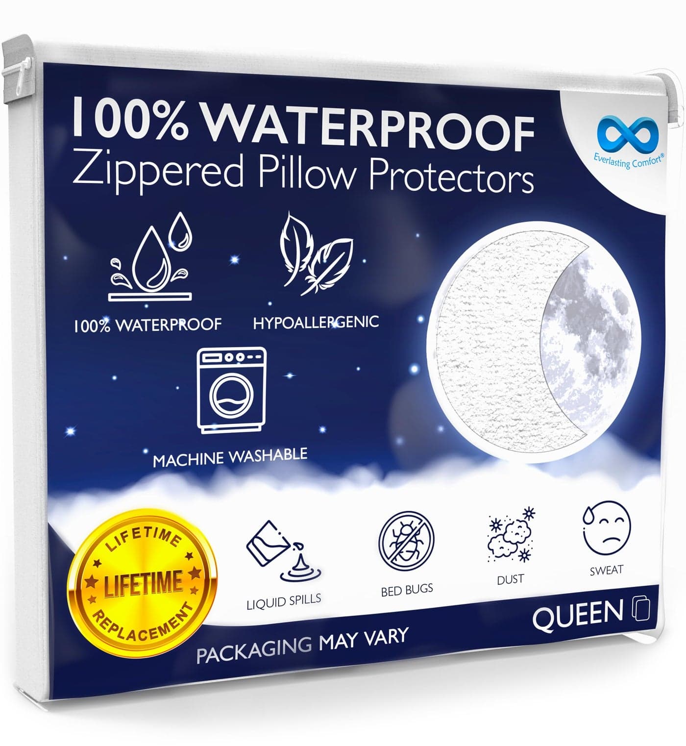 100% Stain Resistant & Waterproof Queen Size Pillow Protectors with Zipper Set of 2 - Bed Bug & Dust Mite Proof White Pillowcases - Breathable, Comfortable Pack of Covers for Pillows, 20 x 30 Inches