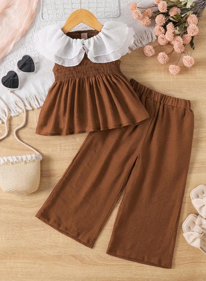 Brown Viscose Blend Top And Trousers Set