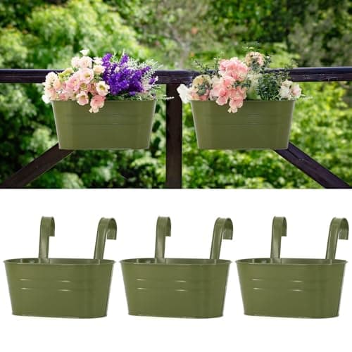Meltset M 3 Pack Metal Railing Planters 105 Oval Hanging Flower Pots with Detachable Hooks Drainage Holes Fits Rails up to 236 Galvanized Iron Fence Bucket for Balcony Garden Patio Green