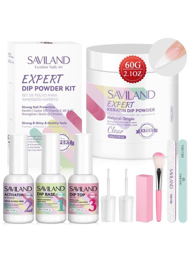 SAVILAND Clear Dip Powder Nail Kit: 60g Starter Set with Base, Activator, Top Coat for Professional French Manicure & Nail Art Repair