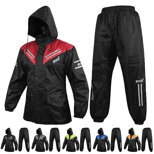 BYKR Waterproof Outdoors Motorcycle Rain Suits for Men & Women Cycling 2-Piece Breathable & Windproof Wet Weather Protection Motocross Rain Gear Reflective Rainwear All Sports Riding Rainsuit Red M