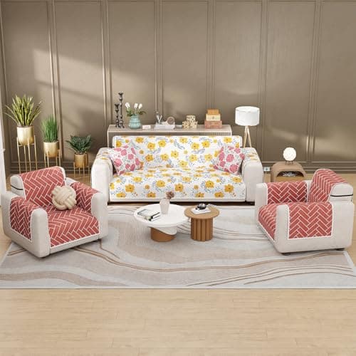 Lukzer 5 Seater Quilted Reversible Brick Bloom Design Sofa Cover Mat with Arms 3+1+1 Seater | Polyester Blend 350 GSM Full Coverage & Back Belt for Stability | Washable Furniture Protector (SC-201-05)