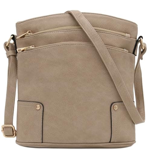 ALYSSA Triple Zip Pocket Large Crossbody Bag (Sand)