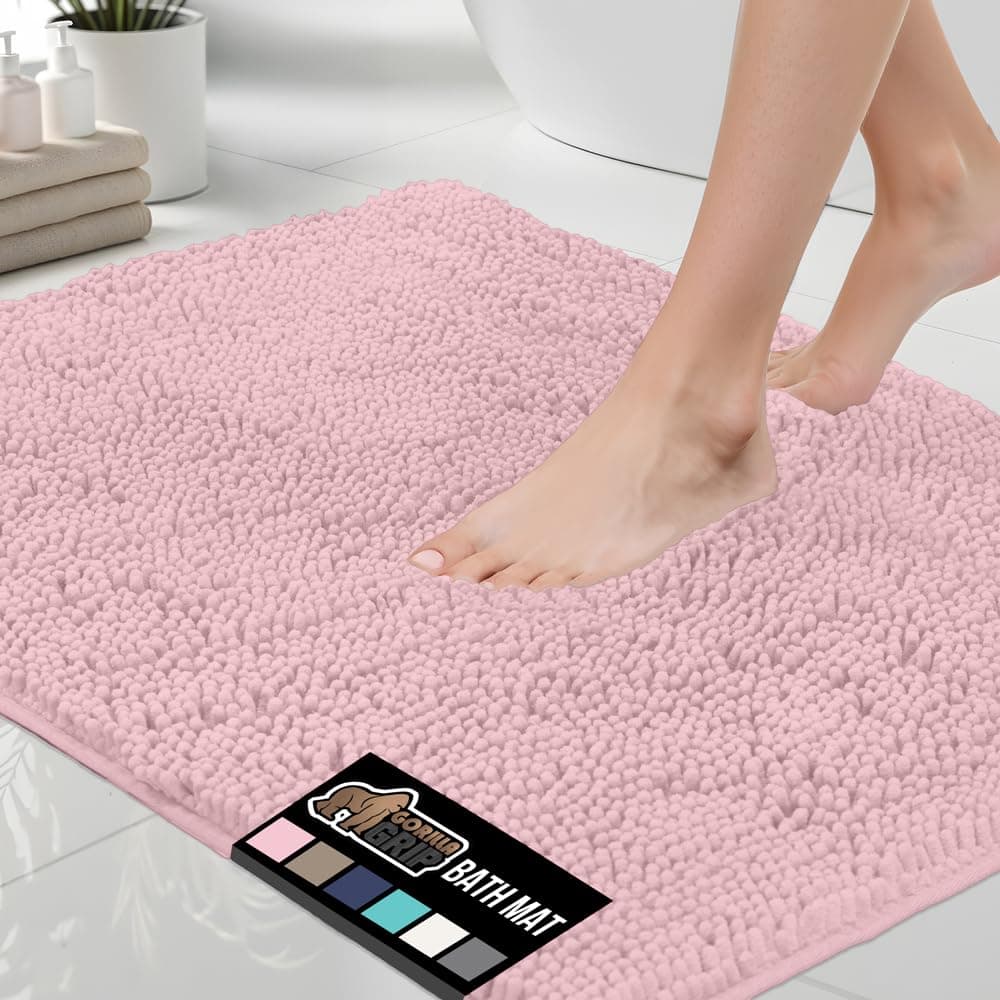 GORILLA GRIP Bath Rug Mat Thick Soft Absorbent Chenille Quick Dry Microfiber Mats Rubber Backing Washable Shower Floor Rugs US Designed Bathroom Bathmat Home Decor Accessories 24x17 Light Pink