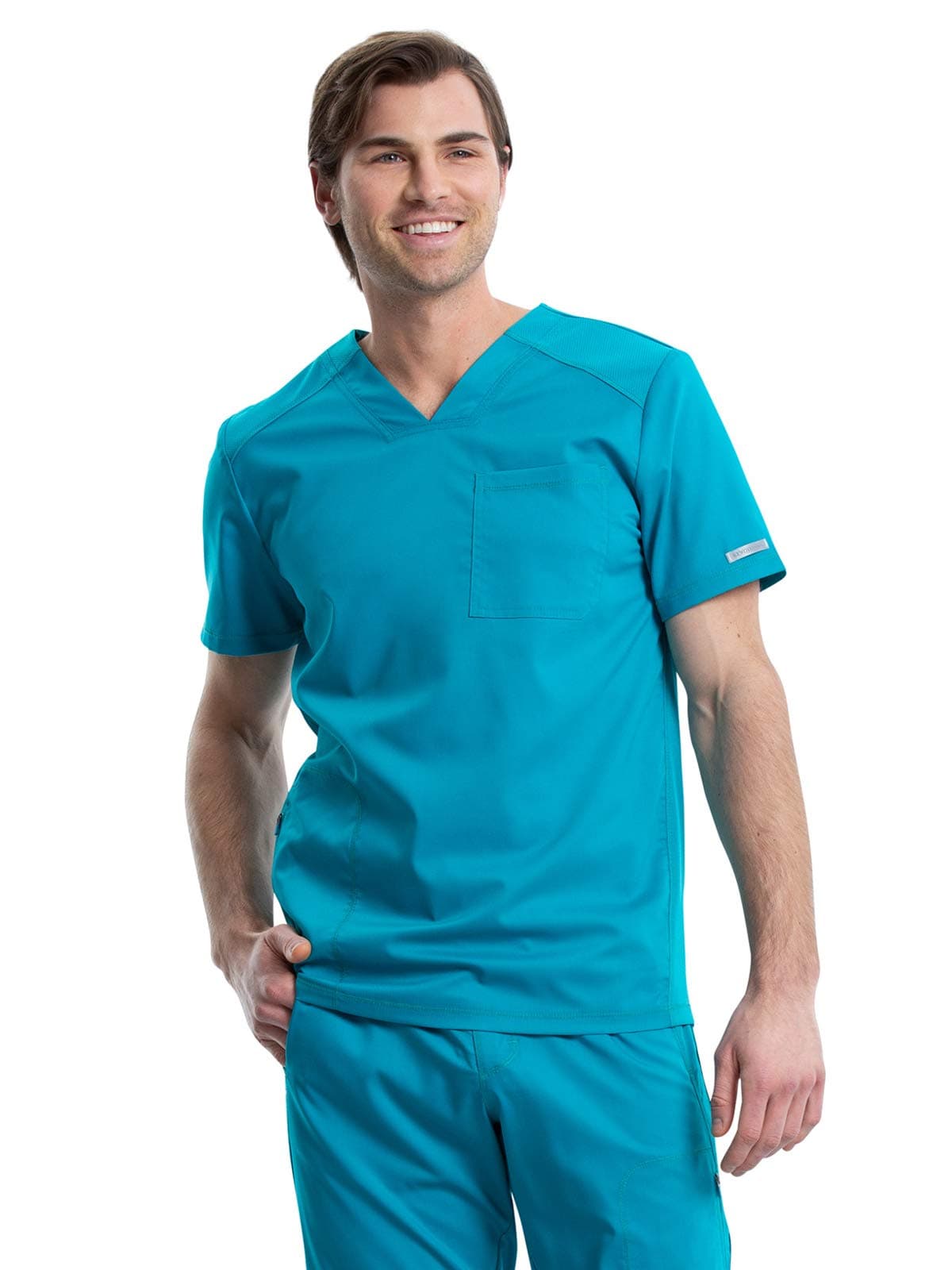 Cherokee Workwear Revolution Men's V-Neck Scrub Top, WW603, Teal Blue, M