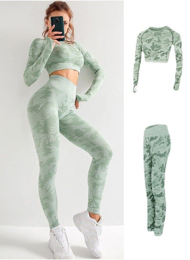 2 Piece for Women Yoga Gym Sets, Seamless Yoga Outfit High Waist Leggings + Long-Sleeve Top Set, Seamless Camouflage Tracksuit, Highly Elastic Tight Fitting Fitness Yoga Wear Set, M, Camo Green