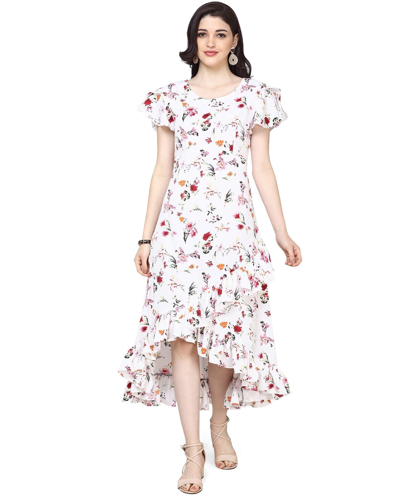 OOMPH! Dress for Women Stylish| Summer Vacation Style |Floral Print Wrap Maxi |Lightweight Flared Maxi Dress for Casual & Holiday Wear White