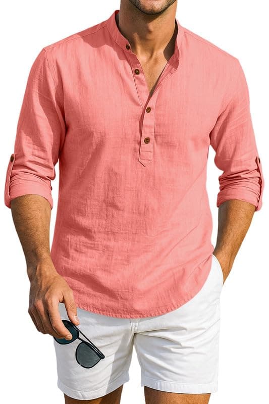 Macsivo Men's Cotton Blend Solid Short Kurta with Mandarin Collared Full Sleeve Drawstring Stylish Straight Length | Kurta for Men Stylish Peach