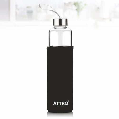 ATTRO Glassox Aqura High Borosilicate Glass Water Bottle with Sleeve & Stainless Steel Lid – Leakproof & Durable – Ideal for Office, Travel, and Daily Use Color- Black – 750ml