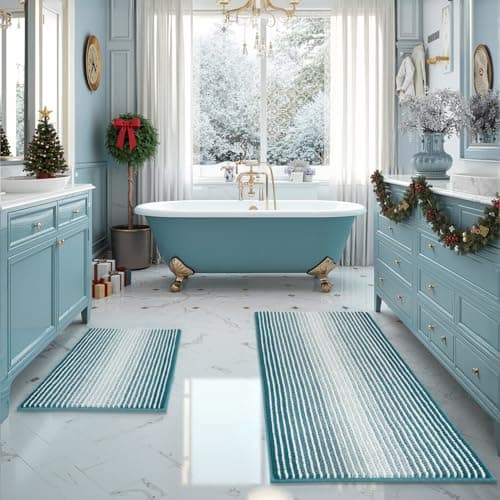 BSICPRO Bathroom Rugs Sets, 2 Piece Thick Absorbent Chenille, Non Slip, Soft Shaggy Bath Room Floor Mats, Machine Washable (20" x 47" Plus 16" x 24", Teal)