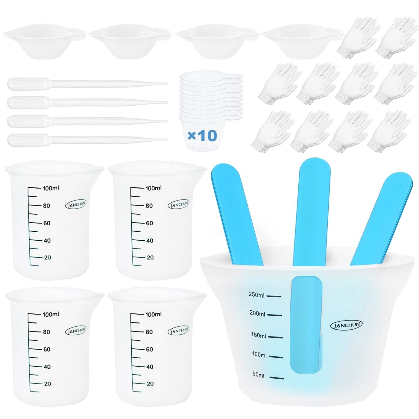Silicone Resin Measuring Cup Kit - JANCHUN Reusable Resin Mixing Cups, 250ml & 4 100ml Measure Cups and Silicone Mixing Stir Sticks for Epoxy Resin, Painting and Waxing, Easy to Clean Resin Supplies