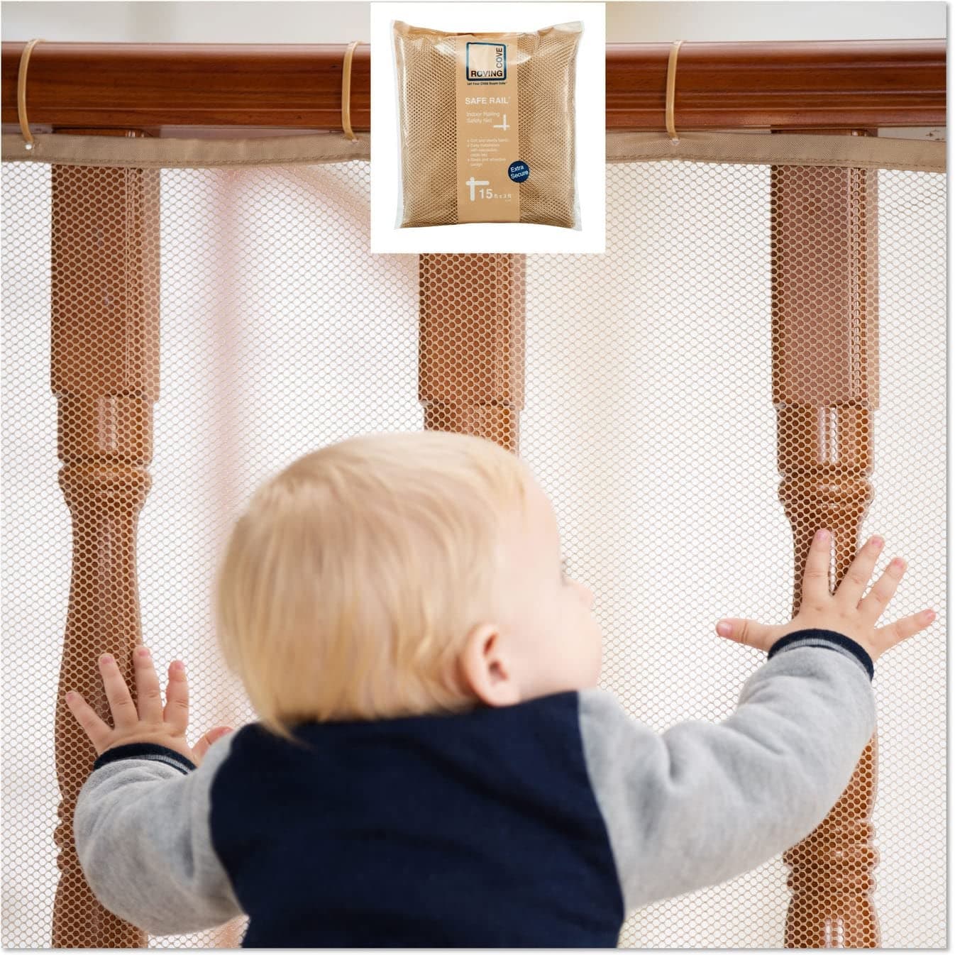 Roving Cove Stair Banister Guard 15ft x 3ft Railing Safety Net for Baby Proofing Child Safety Stairway Cover Balcony Mesh Netting Almond Brown