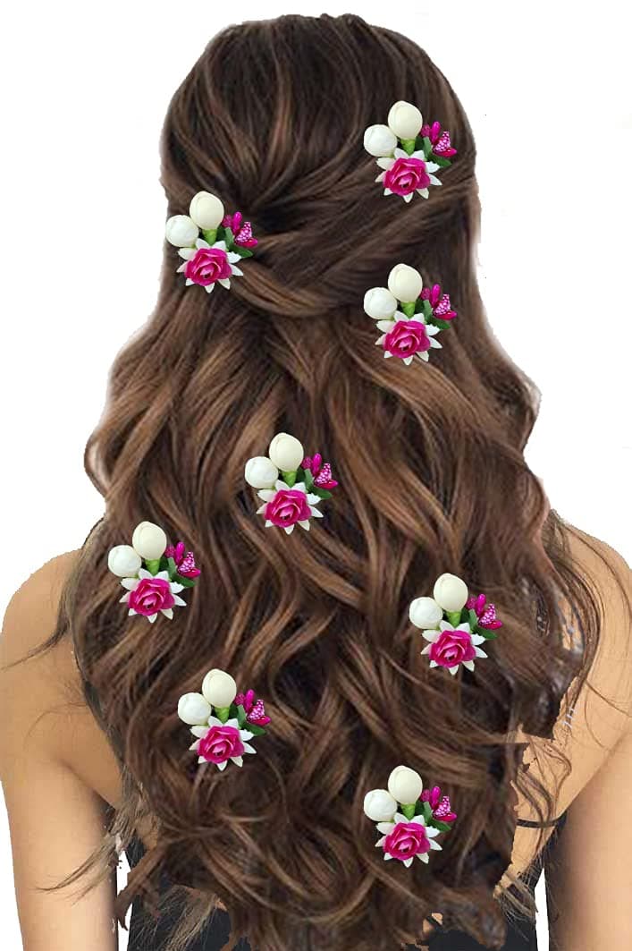 Hair Flare Artificial Small Rose Flower with Mogra Hair Pin/Bridal Wedding Hair Accessories/Hair Clip/Juda Pins for Women and Girls- Dark Pink, 2228, Pak of 8 pins