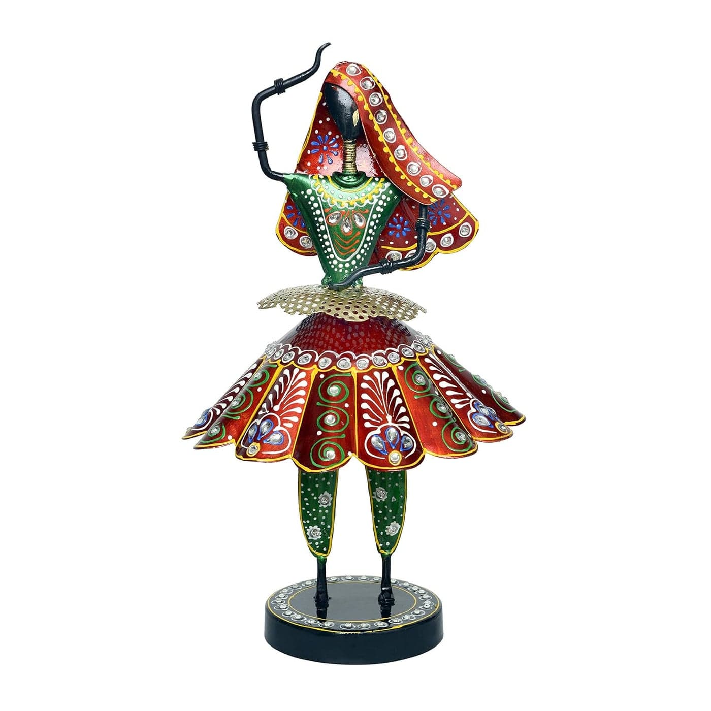 Dattatreya Multicolor Rajasthani Dancing Tribal Lady Doll Musician Figurine 36 cm x 20 cm Green Metal
