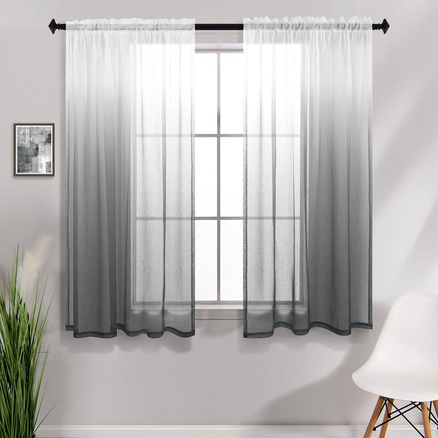 KOUFALL Grey Window Curtain Panels Set of 2 Rod Pocket Ombre Sheer Short Curtains for Small Windows Bathroom Kitchen 42 x 45 Inch Length