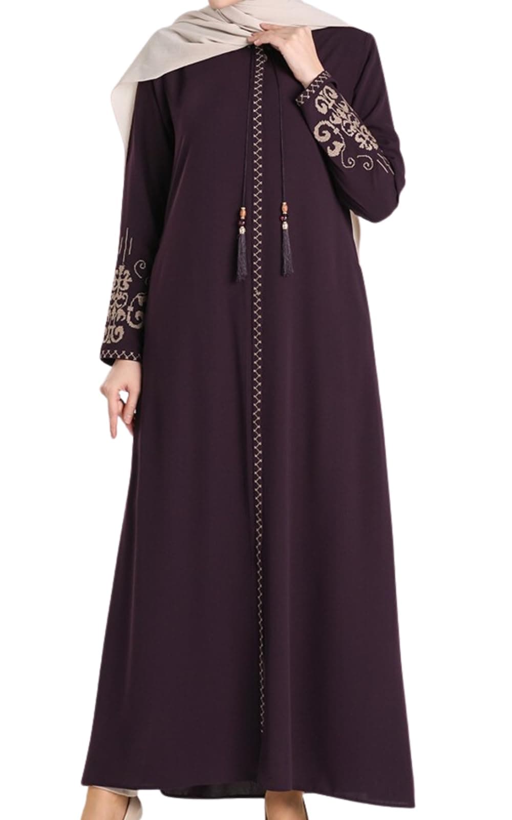 Women's Embroidered Sleeves Abaya and Embroidered On The Side of The Zipper Long Sleeve Floor Length Turkish Islamic Fashion (Purple, Small)