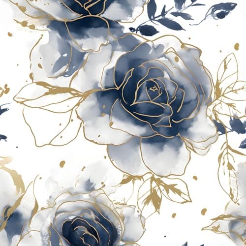 White Floral Wallpaper Peel and Stick Watercolor BlueGolden 174 x 393 Rose Flower Contact Paper Modern Wall Paper Waterproof SelfAdhesive Wall Covering for Bedroom Countertop Desk Cabinets Decor