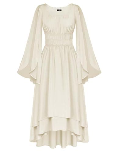 Women Renaissance Costume Split Bell Sleeve Double Layered High Low Dress Apricot XL