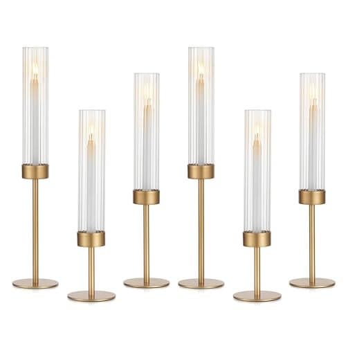 Glasseam Tapered Gold Candlestick Holders 6 Pcs Tall Brass Taper Candle Holder with Ribbed Glass Cylinder Hurricane Fluted Candle Holders for Table Centerpiece Wedding Party Christmas Decorations