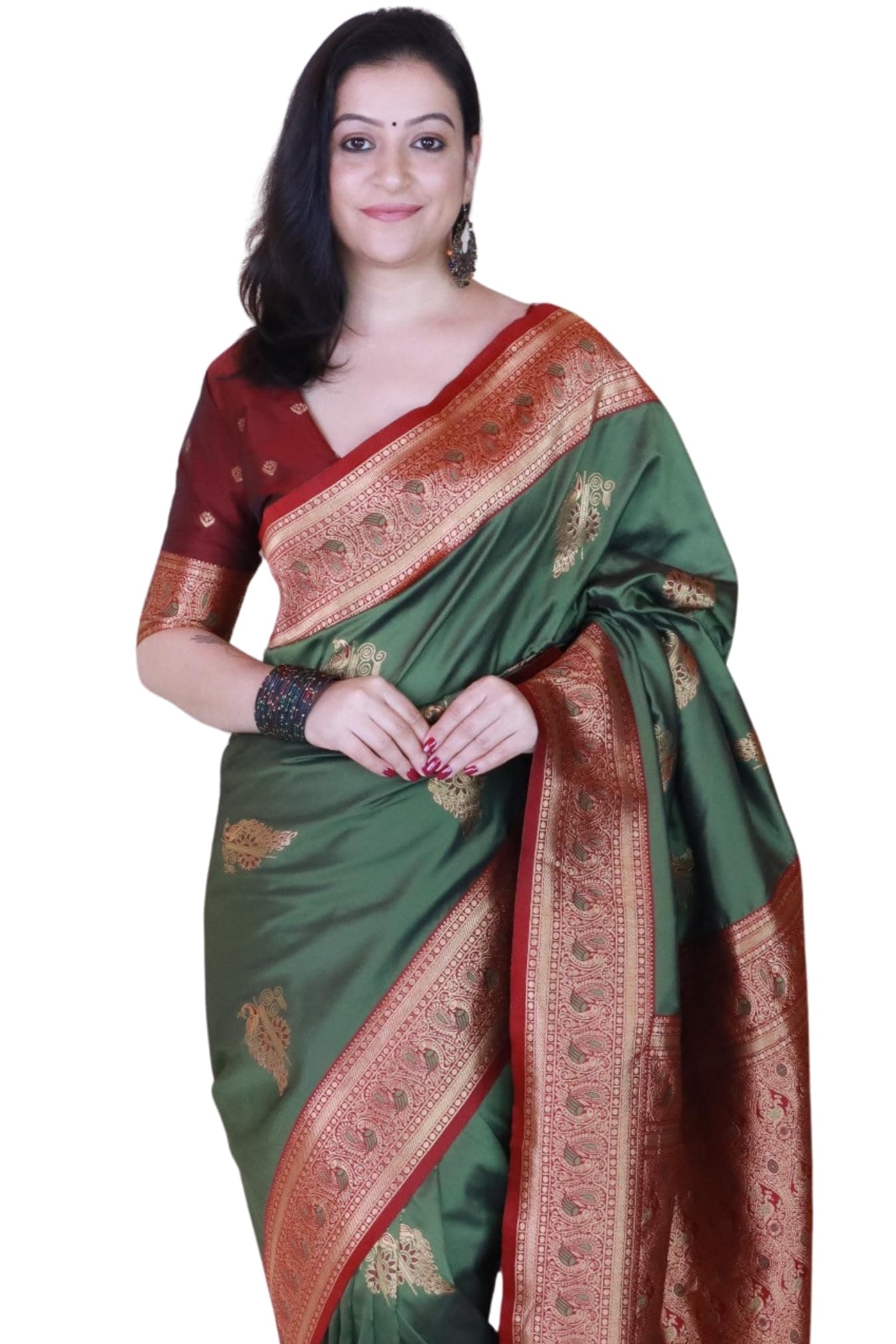 SGF11 Women's Kanjivaram Pure Soft Silk Saree With Unstitched Blouse Piece (Dark Green)