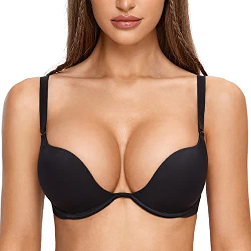 DOBREVA Women's Plunge Bra Deep V Sexy Underwire Low Cut Bras T Shirt Cleavage Lightly Padded Black 38AA