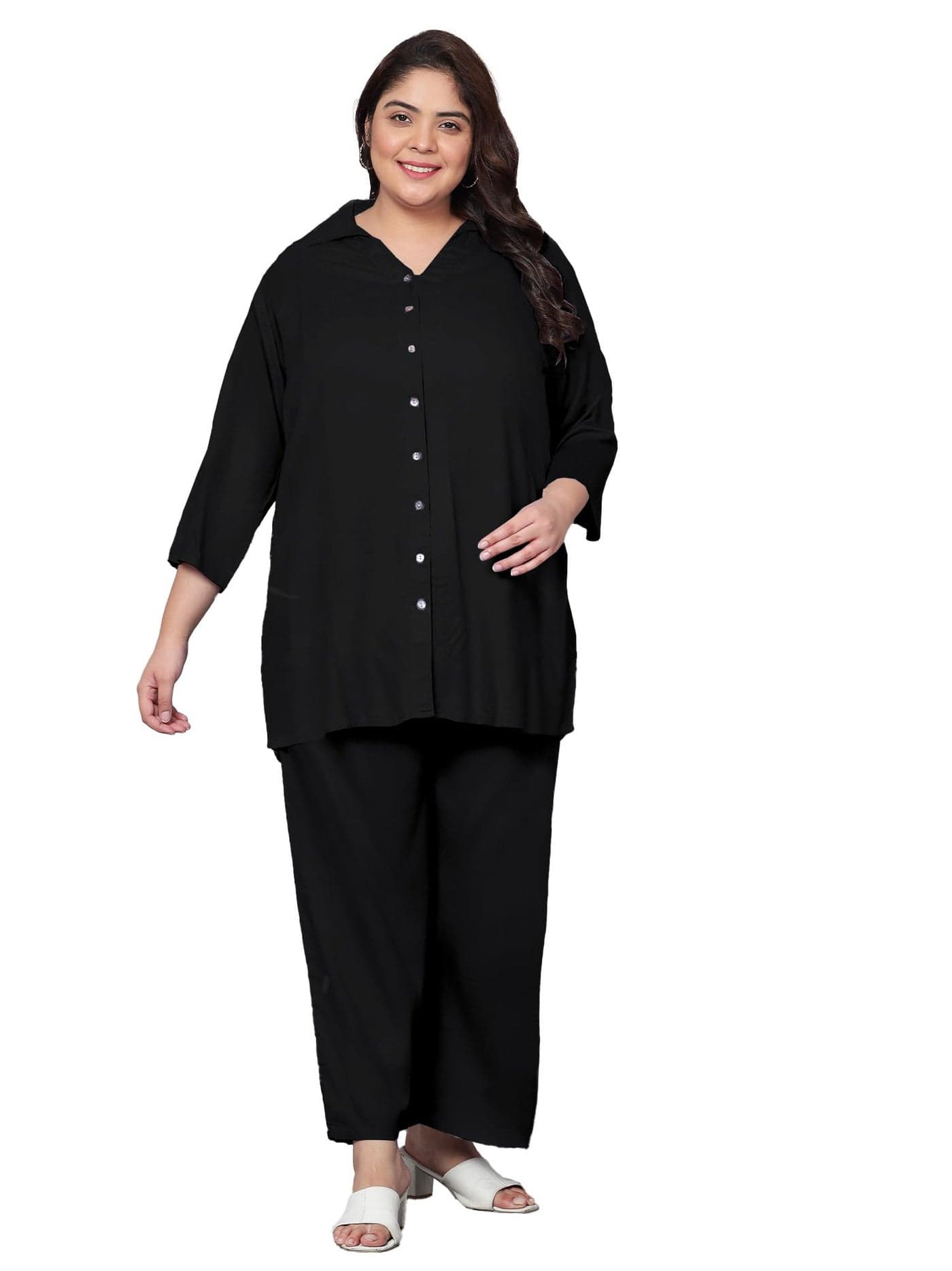 Indietoga Women's Plus Size Longline Shirt and Trouser Co-Ords Set With Pockets (P10001457_Black Solid_2XL)