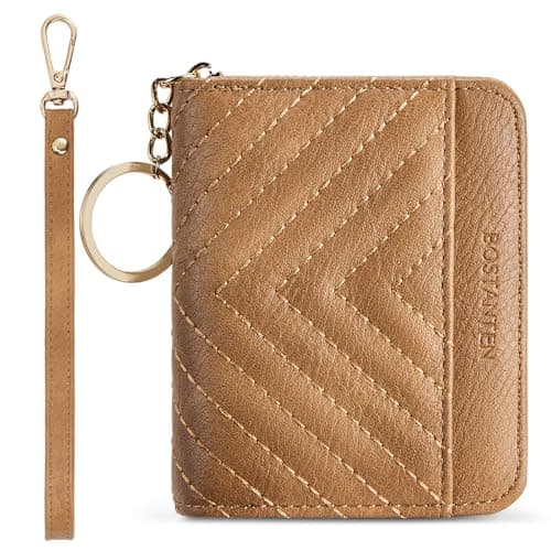 BOSTANTEN Credit Card Holder Wallet RFID Blocking Leather Small Wallet for Women Zipper Keychain Wallet with Wristlet Camel