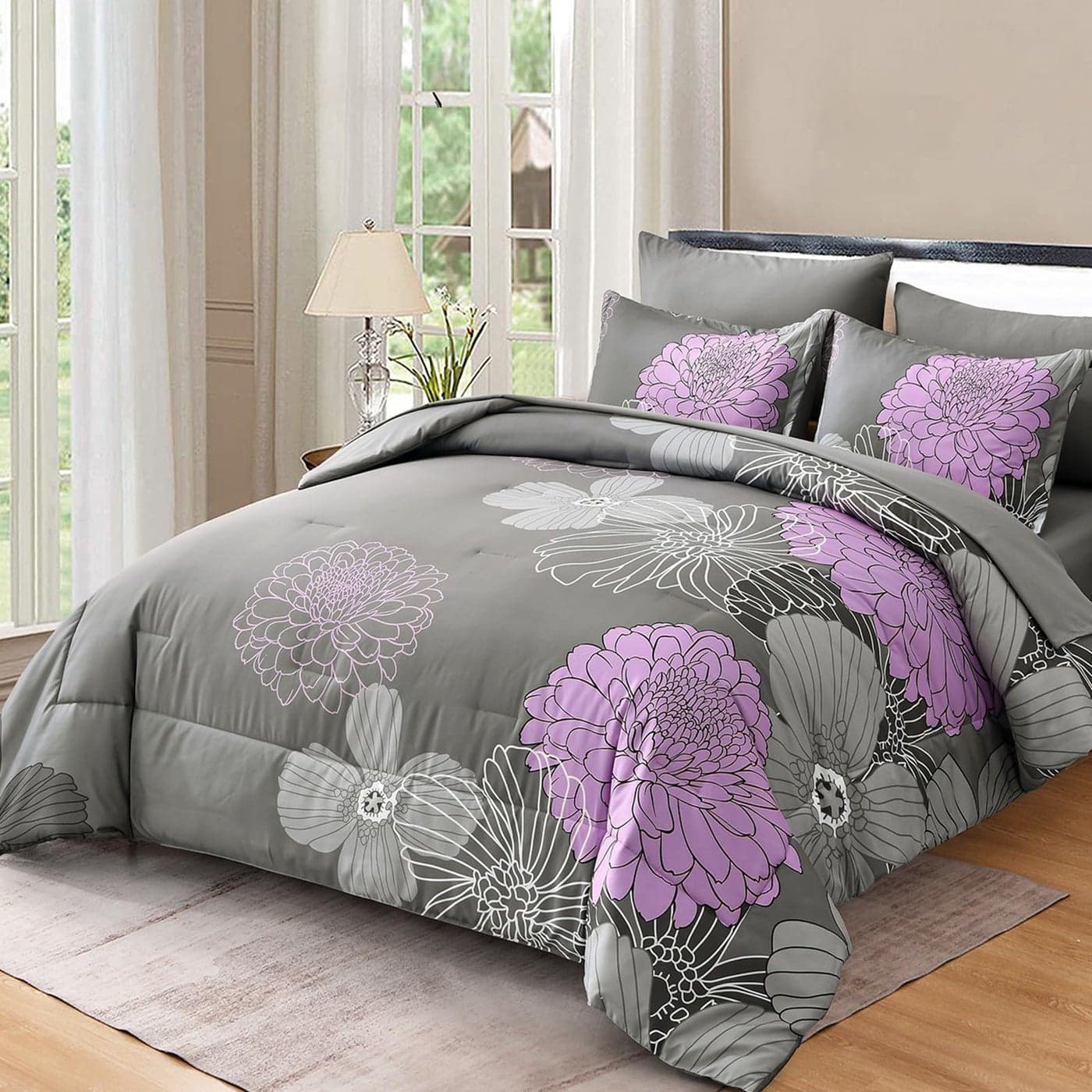 Yiran 7 Pieces Bed in a Bag Comforter Set Queen Size Grey Purple Bedding Sets Floral Soft Microfiber Comforter for All Seasons 9090