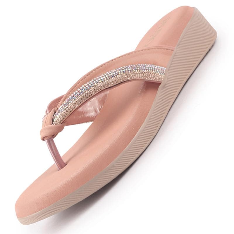 FAUSTO FST FKAWC-19009 PINK-38 Women Pink Elegant Embellished Shimmery Wedding T-Strap Flat Slip On Slippers | Soft Cushioned Footbed | Party, Reception, Festive (5UK)