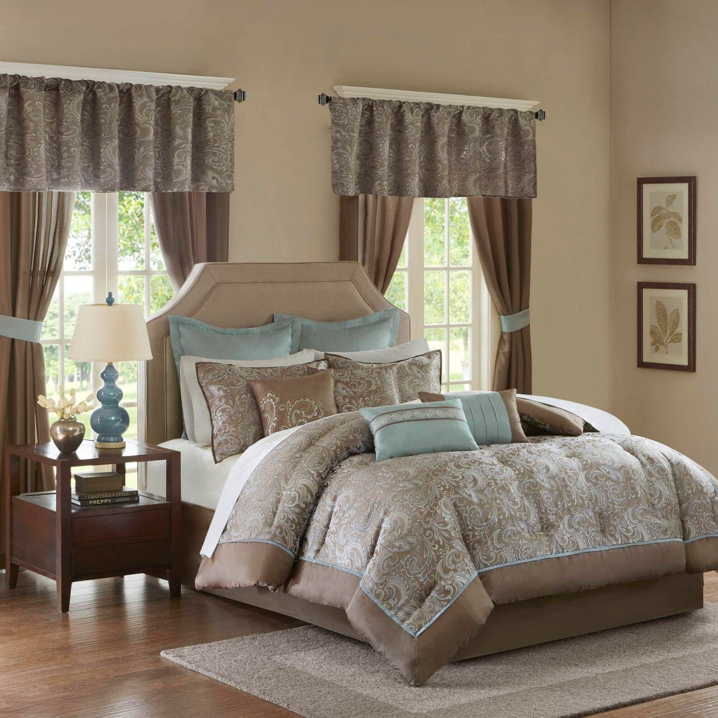 Madison Park Essentials Brystol 24 Piece Room in a Bag Faux Silk Comforter Jacquard Paisley Design Matching Curtains Down Alternative Hypoallergenic All Season BeddingSet Queen 90 in x 90 in Blue