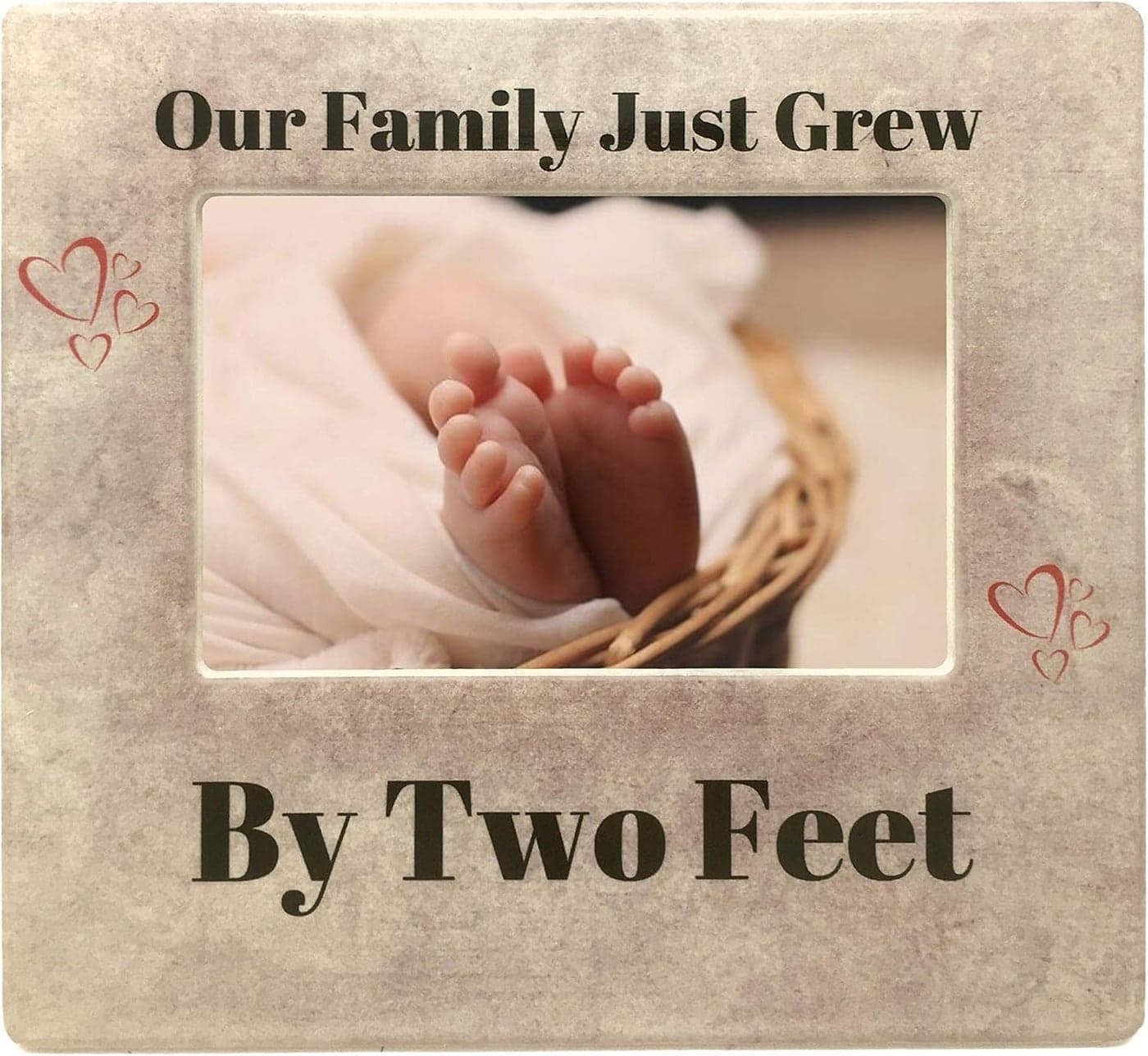 BANBERRY DESIGNS New Baby Frame Our Family Just Grew By Two Feet Heart Design with Tan Marble Like Background Nursery Dcor 4 X 6 Picture Opening