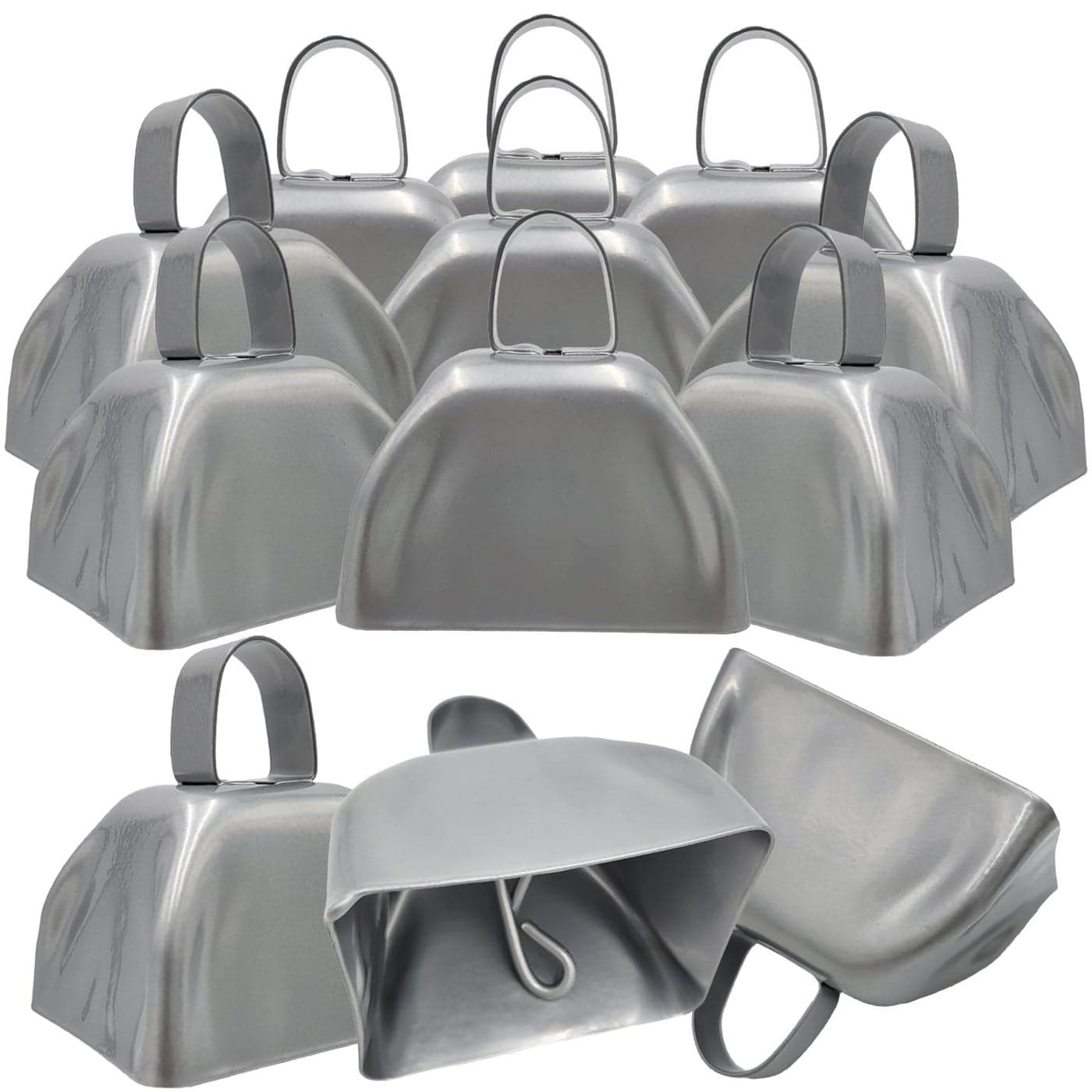 The Dreidel Company Metal Cowbell Noisemaker Cheering Bell New Years School Classroom Wedding Bells Chimes Percussion Musical Instruments Call Bell Alarm 3 Silver Pack of 12
