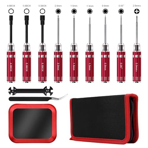 12Pcs Short Handle RC Tool Kit w/Quick Change Hex/Phillips/Flat Nut Drivers & Pliers for 1/18 1/24 Micro Crawler - SCX24, TRX4M, Axial, Traxxas, Losi Mini-T 2.0, FMS (Red)