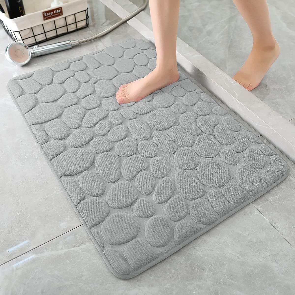 BIRZAR Memory Foam Rectangular Bath Mat Cobblestone Bathroom Rugs Super Water Absorbent Bath Mats for Bathroom Machine Washable Bath Rugs 12Mm Extra Thick 40X60Cm Gray