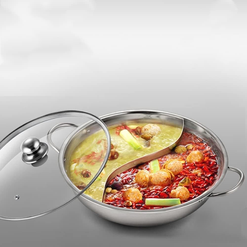 Ketumal Steel Shabu Shabu Hot Pot Pot with Divider for Induction Cooktop Gas StoveTabletop TwoMeal Pot Enjoying Two Flavors at The Same TimeSoup PotWok pan 30cm with Cover