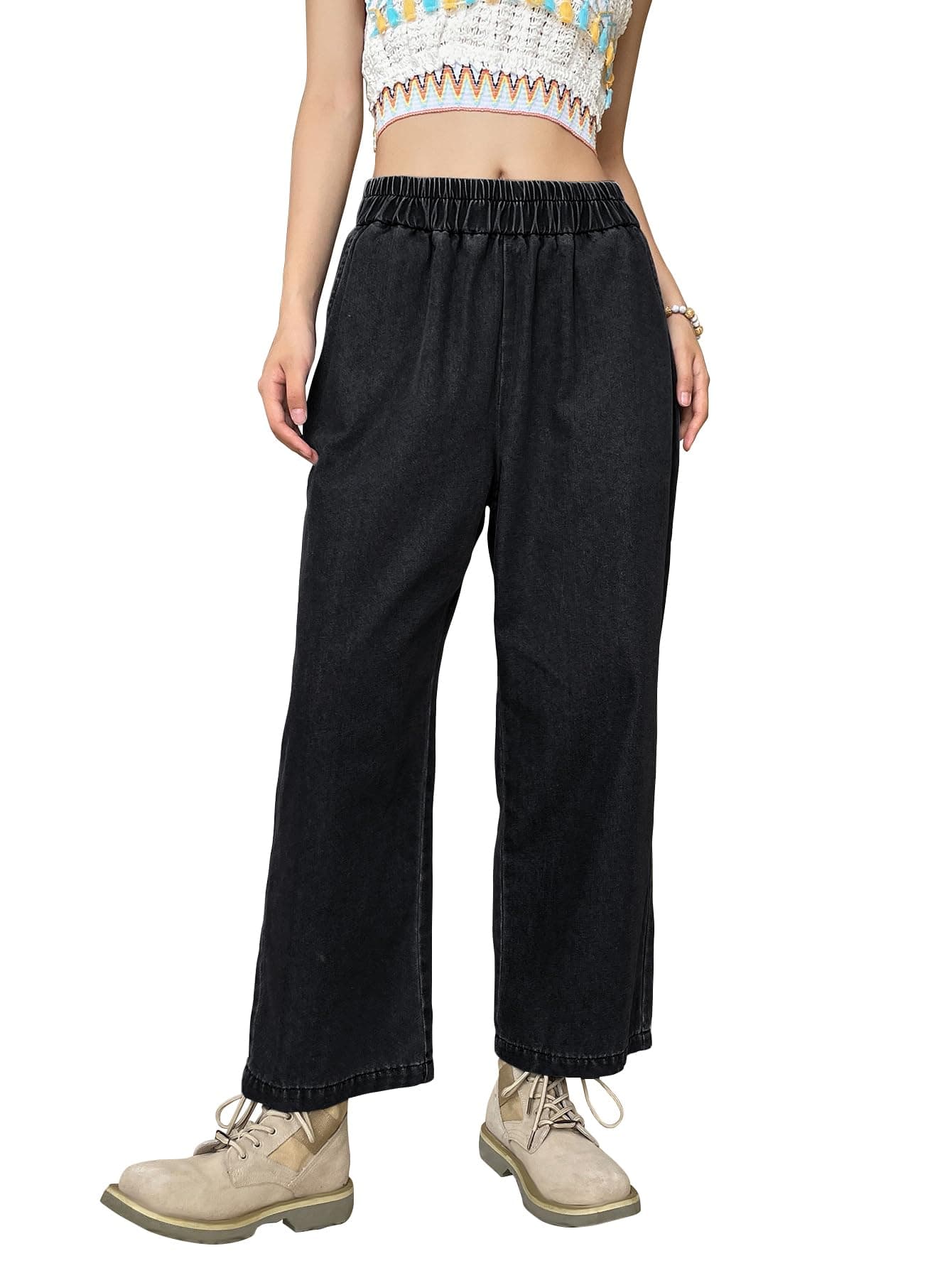 Shasmi Girl's & Women's Black Denim Cotton Elastic Waist Cropped Straight Ankle Length Wide Leg Casual Baggy Jeans for Women, Trousers Pant for Women (Jeans 239 Black-M)