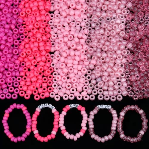 ZHIYUXI 1000PCS Valentines Day Pony Beads Bulk for Bracelets Making 6x9mm 5style Pink Pony Kandi Bead for Crafts Making Hair Beads for Braids