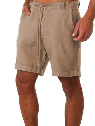 Men's Linen Casual Classic Short Elastic Waist Summer Beach Lightweight Board Slim-Fit with Pockets Dark Khaki