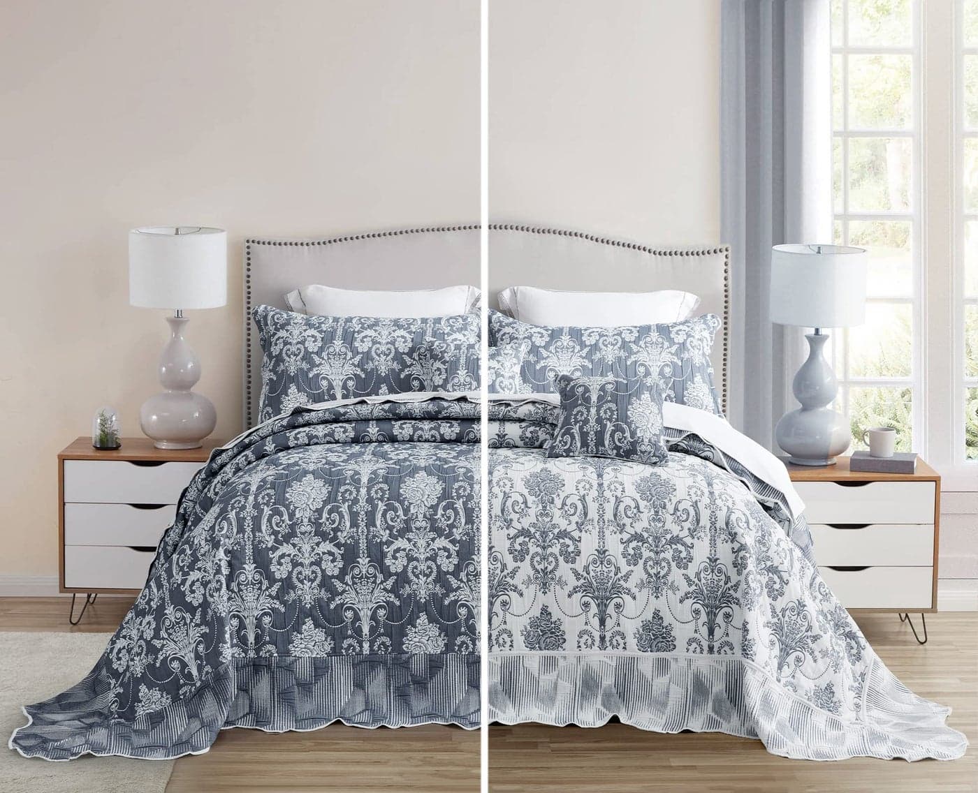 Blythease Oversized King Bedspread 128x120 Extra Wide Jacquard Matelasse Damask Pattern Design Lightweight Reversible 5 Piece 100 Microfiber Blue