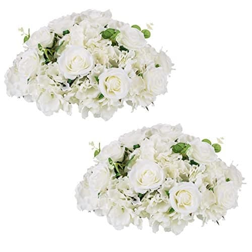 NUPTIO Flower Ball Arrangement Bouquet - 2 Pcs 15.7 inch Diameter White Fake Flowers Roses Balls for Centerpieces Tables - Artificial Rose Arrangements for Wedding Centerpiece Table Decorations