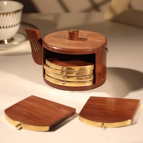 Orren Living 100% Sheesham Wood Coaster Set with Kettle-Shaped Stand – 6 Gold-Accented Coasters, Eco-Friendly, Durable & Easy to Clean – Elegant Addition to Any Coffee Table or Dining Area