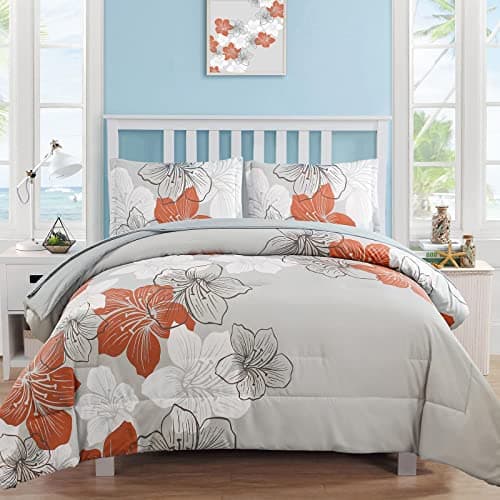 Floral Comforter Set Queen Size, Terracotta Floral Pattern Printed on Light Grey, Soft Microfiber 7 Pieces Bed in a Bag (1 Comforter, 2 Pillow Shams, 1 Flat Sheet, 1 Fitted Sheet, 2 Pillowcases)
