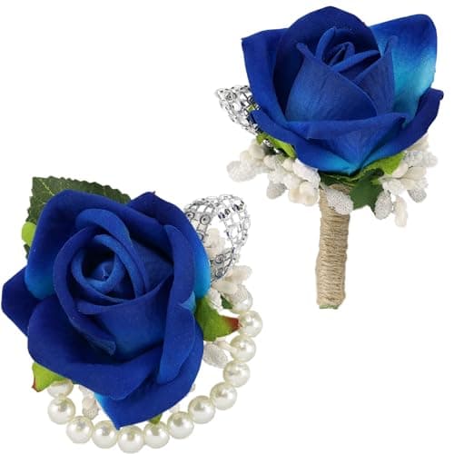 SITUMEIZI 2Pcs Blue Corsage and Boutonniere Set,Corsage Wristlet for Prom Decor,Boutonniere for Men Wedding Flowers Accessories Party Suit Decoration(Athens Blue)